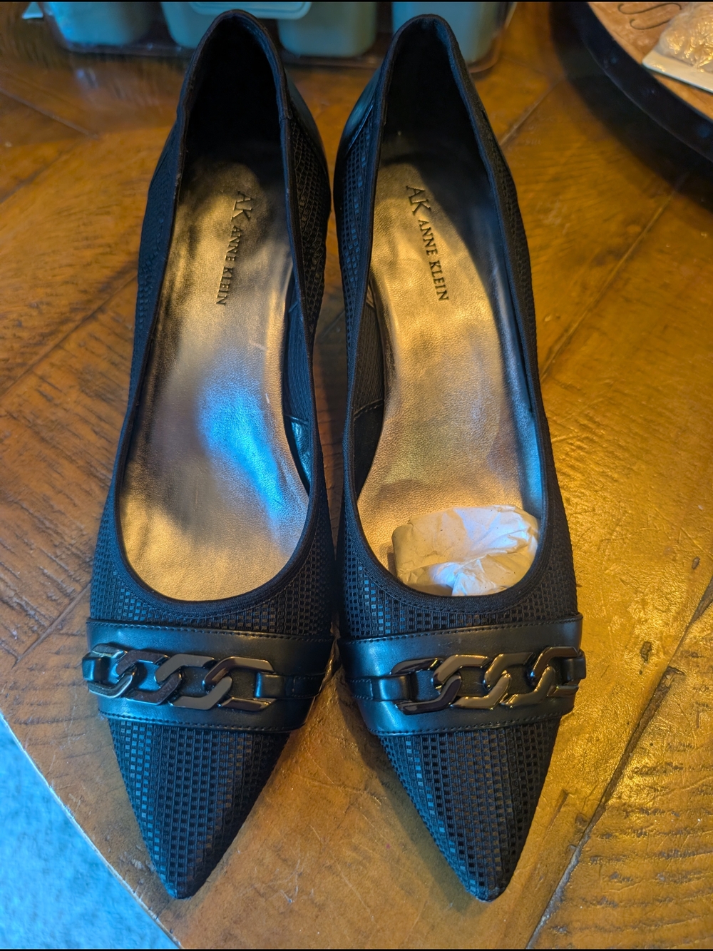 Anne Klein Black Pointed Toe Chain-Accent Flats